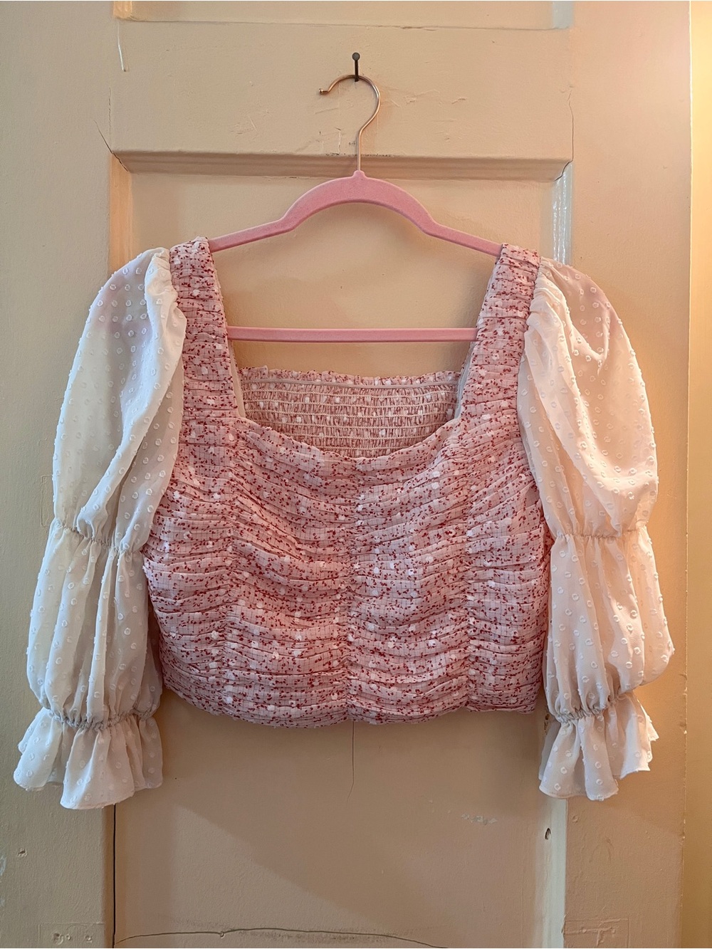 J.ing Floral Smocked Crop Top Sheer Swiss Dot Puff Sleeve L⁠